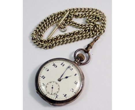 A silver pocket watch on silver plated fob chain 