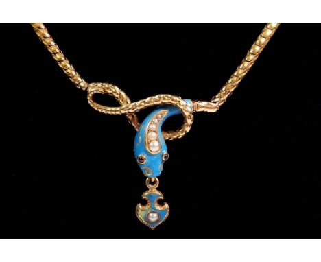 A Victorian gold scale link necklace with turquoise enamel snakes head drop set pearls and garnets, the open mouth with furth