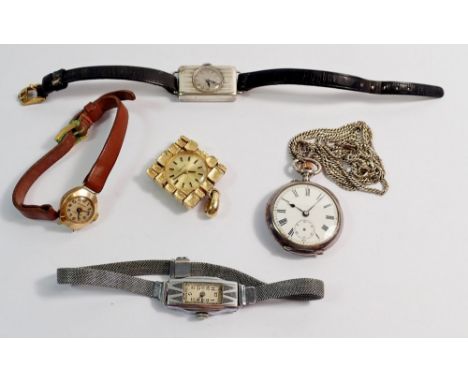 A silver fob watch on silver chain, a 9 carat gold ladies watch (back weighs 1.4g) and three other watches 