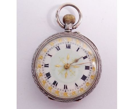 An Edwardian silver fob watch with enamel dial and engraved decoration, 3cm diameter 