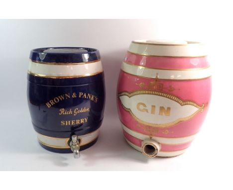 A Victorian Staffordshire vivid pink banded 'Gin' barrel and another barrel for Sherry, 33 and 30cm tall 