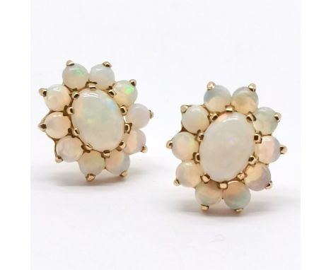 Pair of 9ct hallmarked gold opal cluster earrings - 1.2cm &amp; 2g total weight