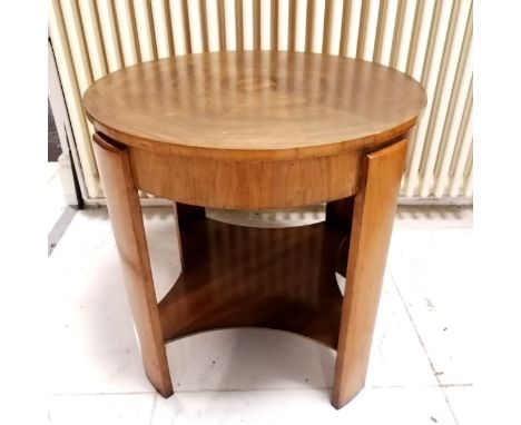 Art Deco circular wooden side table with 12 division veneer to top - 59cm diameter x 59cm high &amp; has lower shelf