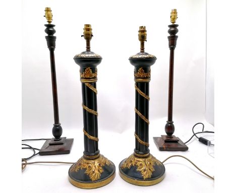 Large pair of black ceramic lamp bases with gold detail 60cm high T/W a pair of carved wooden candlestick style lamp bases 70