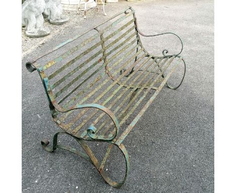 Antique cast iron strapwork 3 seater bench with original paint finish - has an old repair to the back - 153cm long x 78cm dee