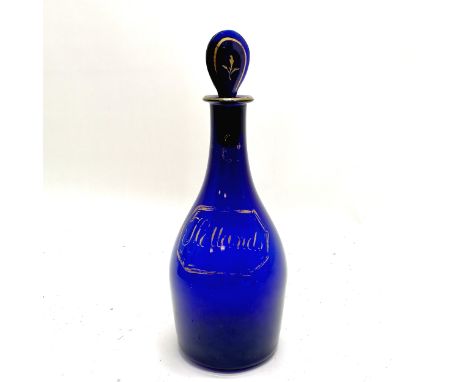Antique blue glass mallet shaped decanter with original lozenge stopper for Hollands - 25cm high and wear to gilding &amp; no