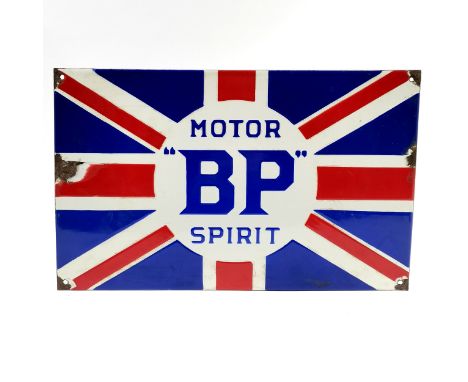 Enamel BP Motor Spirit Union Jack design advertising sign - 41cm x 25cm and has losses