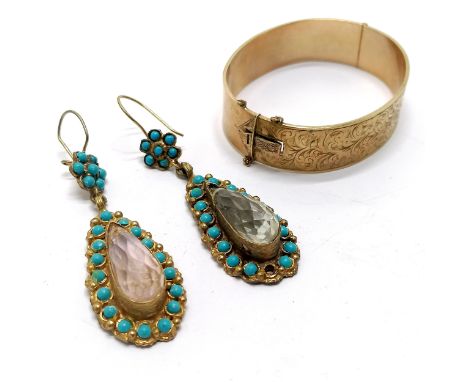 9ct metal core bangle with engraved detail to front - 6cm diameter &amp; 31g t/w pair of antique turquoise drop earrings (7cm