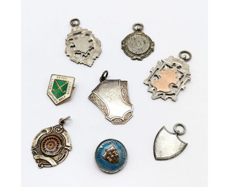 8 x silver fobs / badges inc enamel ladies golf, darts etc - fob with unmarked gold detail 4.5cm drop &amp; total weight (lot