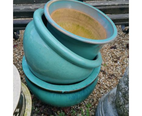 3 light blue glazed round planters - largest 50cm diameter