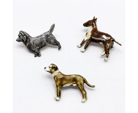 3 x Kenart enamel silver dog brooches inc bull terrier (3.5cm across) ~ total weight 22g &amp; all have slight abrasions and 