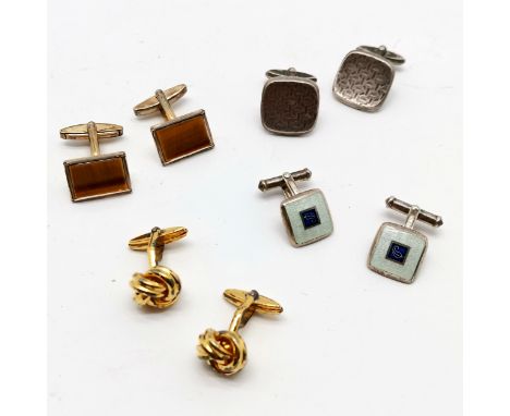 9ct on silver tigers eye cufflinks t/w 3 x pairs of 925 silver cufflinks (inc enamel) - total weight (lot) 49g