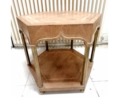 Designer hand crafted hexagonal table with carved arabesque style &amp; marquetry work to top &amp; base shelf &amp; brass co