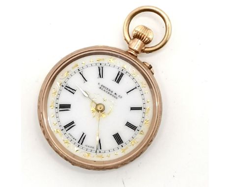 Antique 9ct gold cased ladies fob watch (S Shiers, Blackpool to dial) - 32mm case and 33.6g total weight (has metal inner dus