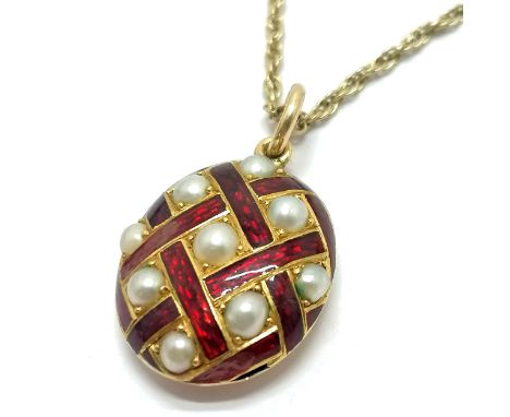 Antique 1854 dated unmarked gold (touch tests as 18ct) red enamel &amp; pearl set 'In memoriam' locket marked 'Samuel Ernest'