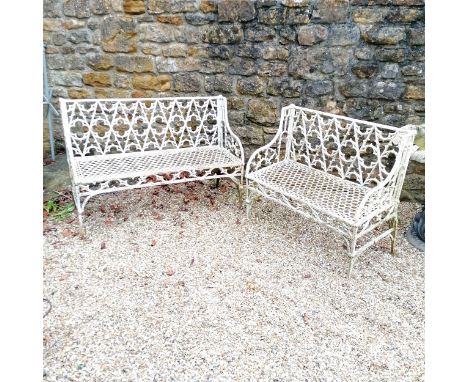2 Regency cast iron Gothic revival garden benches 3 seater bench 126cm x 46cm x 90cm 2 seater 99cm x 44cm x 90cm - both have 