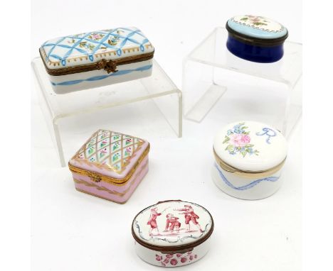5 x enamel boxes - 2 x Limoges &amp; 2 x Halcyon Days + 1 dated 21-July 1993 (54mm diameter) ~ no obvious damage