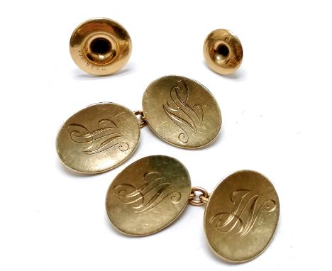 9ct hallmarked gold cufflinks with engraved initials t/w 2 odd 9ct gold studs - 11.2g total weight (lot) - SOLD ON BEHALF OF 