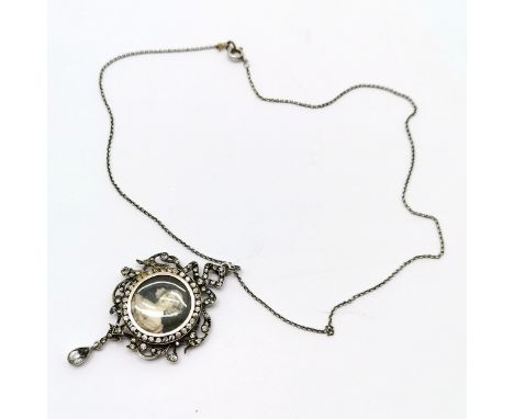Antique unmarked silver &amp; paste set pendant with portrait miniature panel (6cm drop) on an a/f chain - 14g total weight
