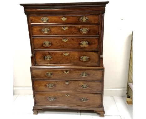 Antique mahogany chest on chest on bracket feet 107cm wide x 165cm high x 55cm deep - has some small losses to the sides othe
