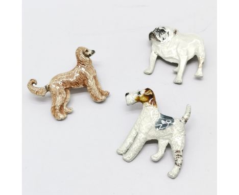 3 x Kenart silver enamel dog brooches ~ bulldog (2.8cm across), airedale terrier &amp; Afghan - total weight 26g &amp; all 3 