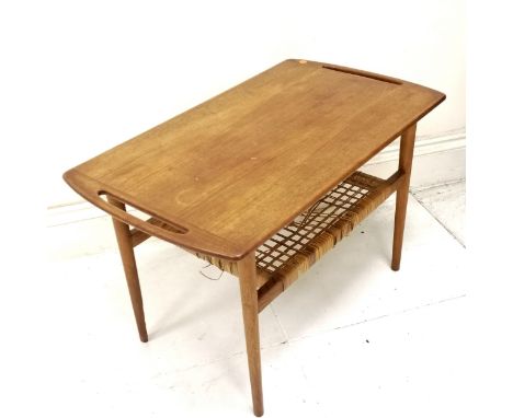 Mid century teak coffee table with rattan shelf - shelf A/F - 84cm x 47cm x 52cm
