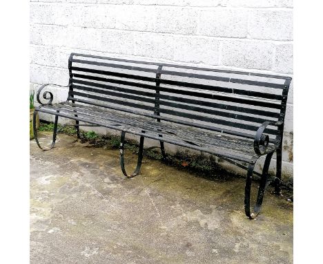Antique 4 seater black painted strapwork bench - 230cm x 52cm x 93cm