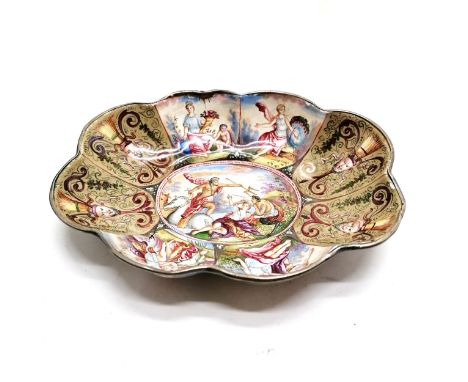 Antique Viennese silver rimmed enamel lobed dish with classical vignettes inc. Neptune ~ 13.5cm x 10cm &amp; has slight losse