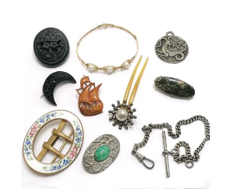 Qty of mostly antique jewellery inc steel cut detail hair decoration, enamel buckle (6cm) etc - jet brooch a/f
