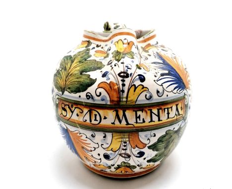 Maiolica tin glaze Deruta mint jug SY. D. MENTA 26cm high - has small losses to the glaze