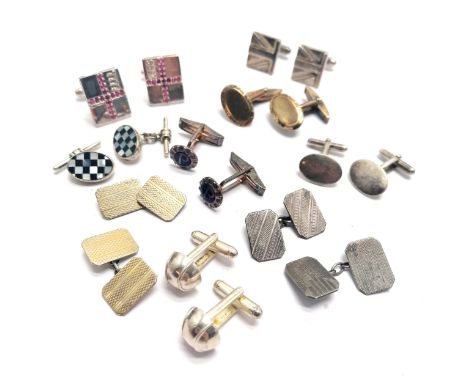 9 x pairs of silver marked cufflinks inc 1966 World Cup flags set with rubies, 2 pairs of 9ct on silver etc - total weight (l