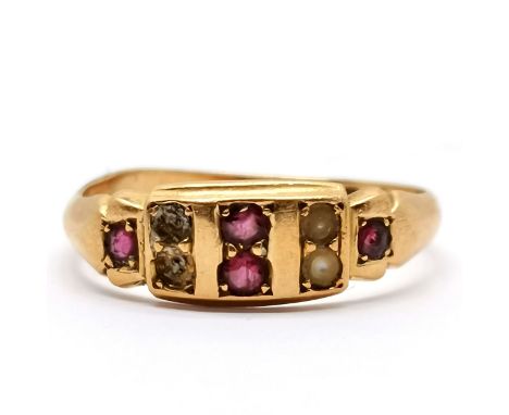 Antique 18ct Chester hallmarked gold ruby &amp; pearl set ring - size P &amp; 2.7g total weight ~ missing 2 pearls