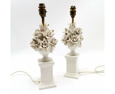 Italian pair of blanc de chine encrusted floral vase on classical plinth design lamp bases - 37cm high ~ slight a/f