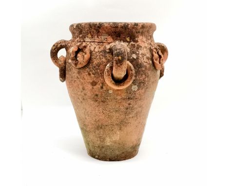 Terracotta classical weathered urn planter with ring decoration tags - 41cm high x 26cm diameter