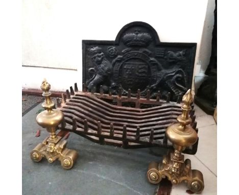 Antique cast iron fireback with large fire basket on brass firedogs with cherub detail T/W fireside brass tools - back 75cm x