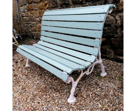 Antique Cast iron and blue wooden slatted bench with faux tree branch bench ends - 120cm x 74cm x 79cm