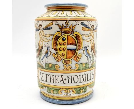 'Althea Nobilis' albarello with Maiolica tin glaze decoration - 24cm high x 15cm diameter ~ has fritting to foot rim otherwis