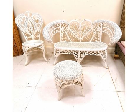 Antique wicker conservatory white painted sofa 142cm x 83cm high x 64cm deep, chair and stool with scrollwork detail - some s