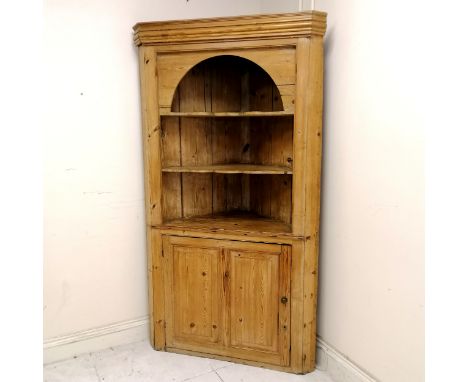 Antique large pine corner cupboard with open shelves to the top (has light fittings to the shelves) - 200cm high x 102cm wide