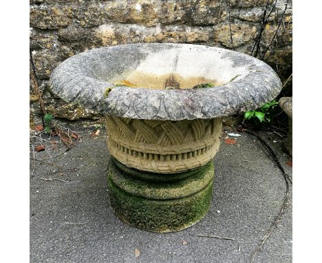 Haddonstone circular lattice detail planter on a circular base - the planter has 2 old cracks to the rim - 79cm diameter x 58