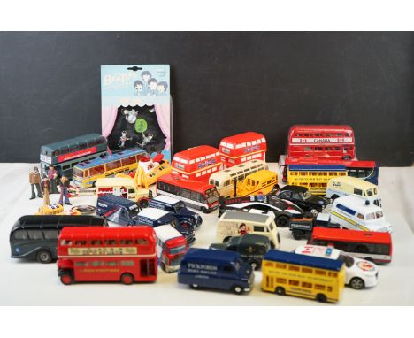 A box of loose diecast mainly Corgi cars and buses. 