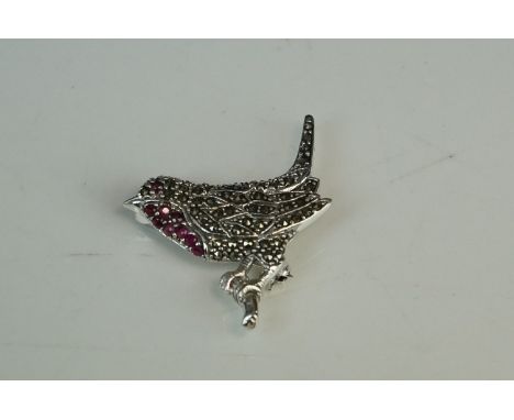 Silver CZ and Ruby set Robin brooch 