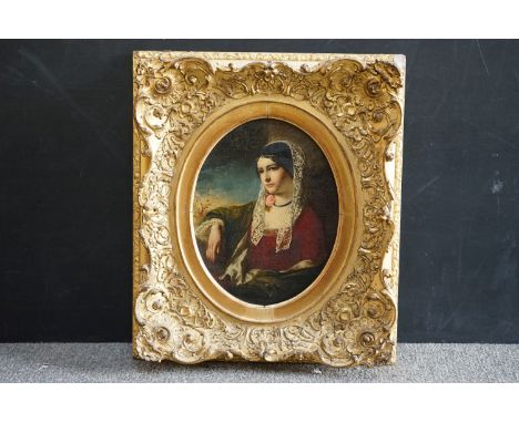 19th century continental school, portrait of a Spanish Lady wearing a veil on her shoulders, oil on canvas, oval form, measur