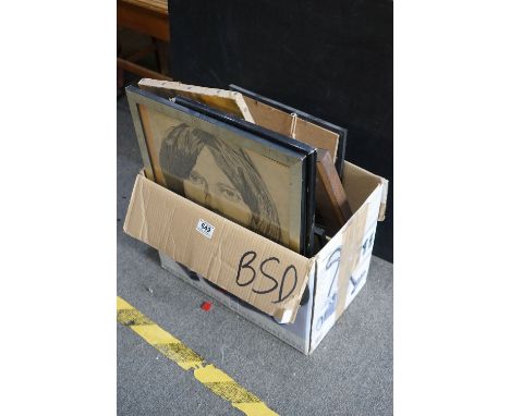 A quantity of paintings and prints to include portrait of Mick Jagger, a maritime oil painting etc.