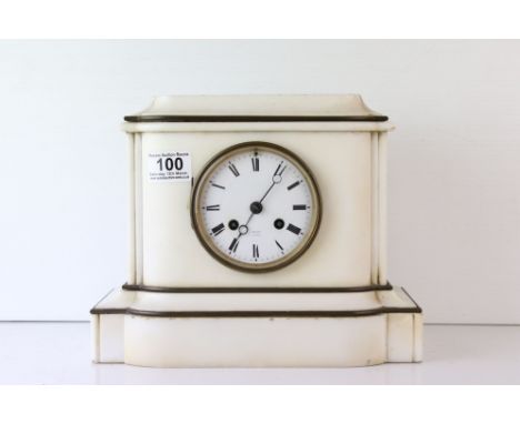 White agate mantel clock with white enamel dial marked Rollin of Paris, 23cm in height 