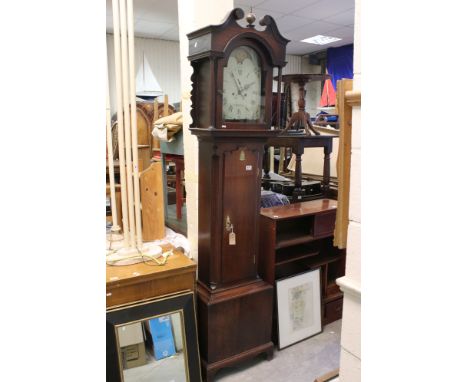 19th century Oak Longcase Clock, the hood with swan neck pediment housing an arched painted dial with rolling moon, seconds d