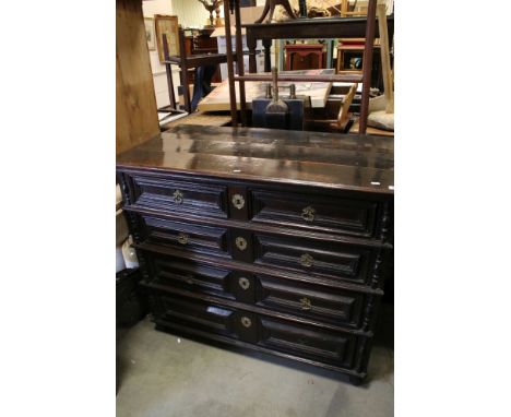 17th century or later Oak Chest of Drawers, with two short and three long geometric moulded drawers, brass escutcheons and ri