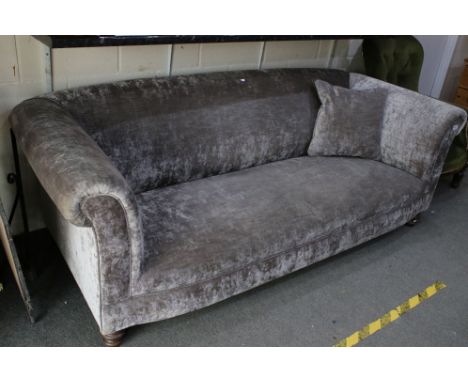 Victorian style Chesterfield Sofa, upholstered in plush grey fabric, raised on turned legs, 77cms high x 216cms long x 89cms 