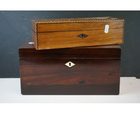 A 19th century antique rosewood tea caddy together with a  glove box with painted Greek key decoration. 