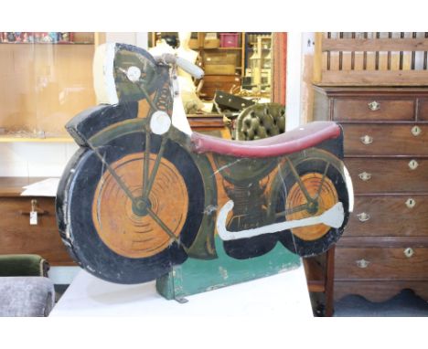 Vintage Wooden Painted Fairground Carousel Motorbike, with metal handles and metal brackets to base, 103cms long x 76cms high